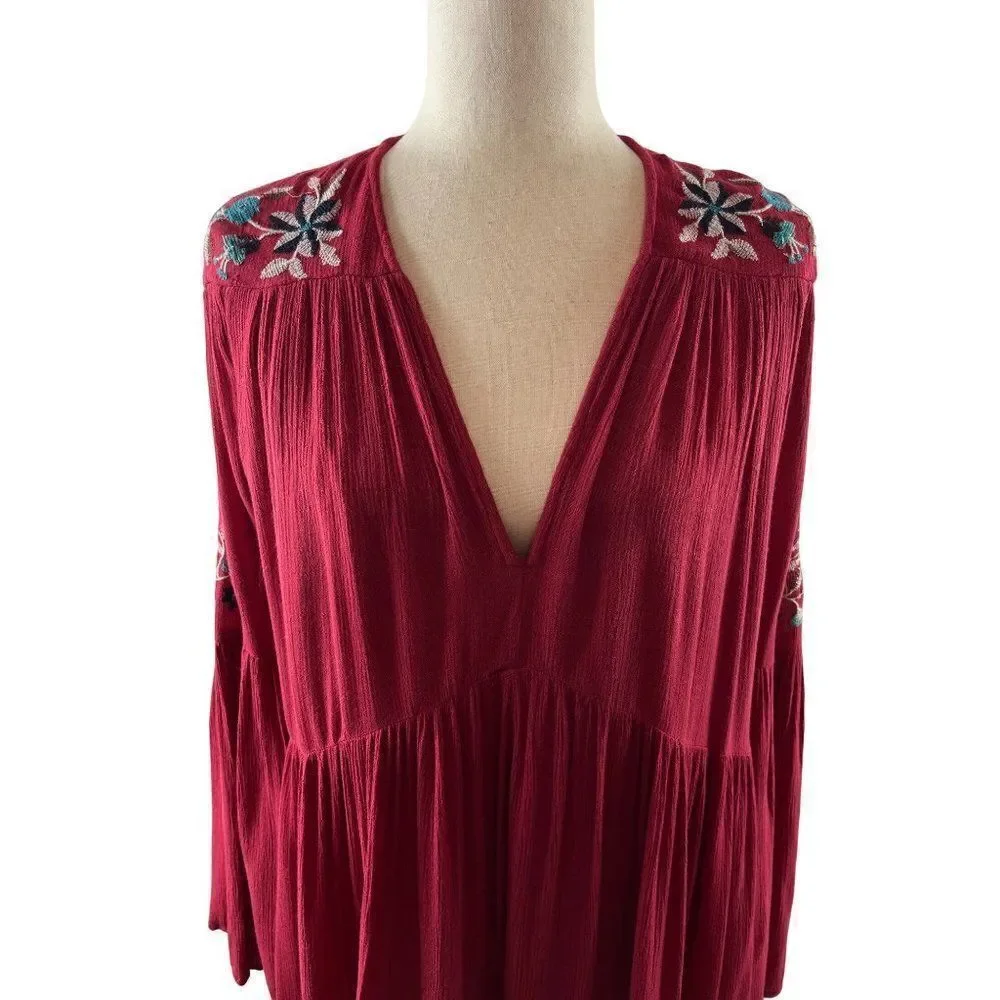 Free People Te Amo Embroidered Mini Dress Red XS Flared Sleeve Flowy Oversized